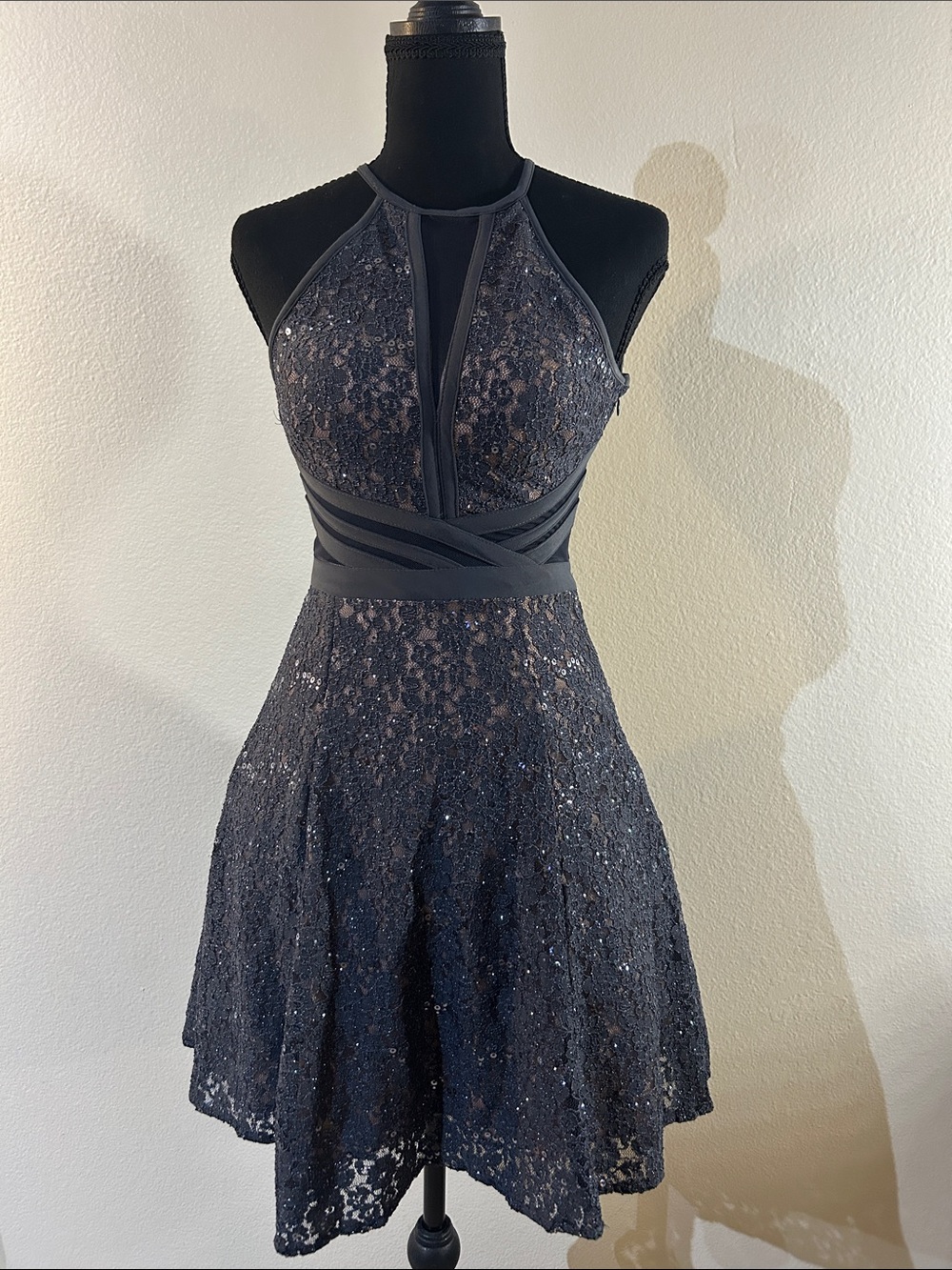 Morgan & Co. Black Lace Halter Mini with Crisscross Waist